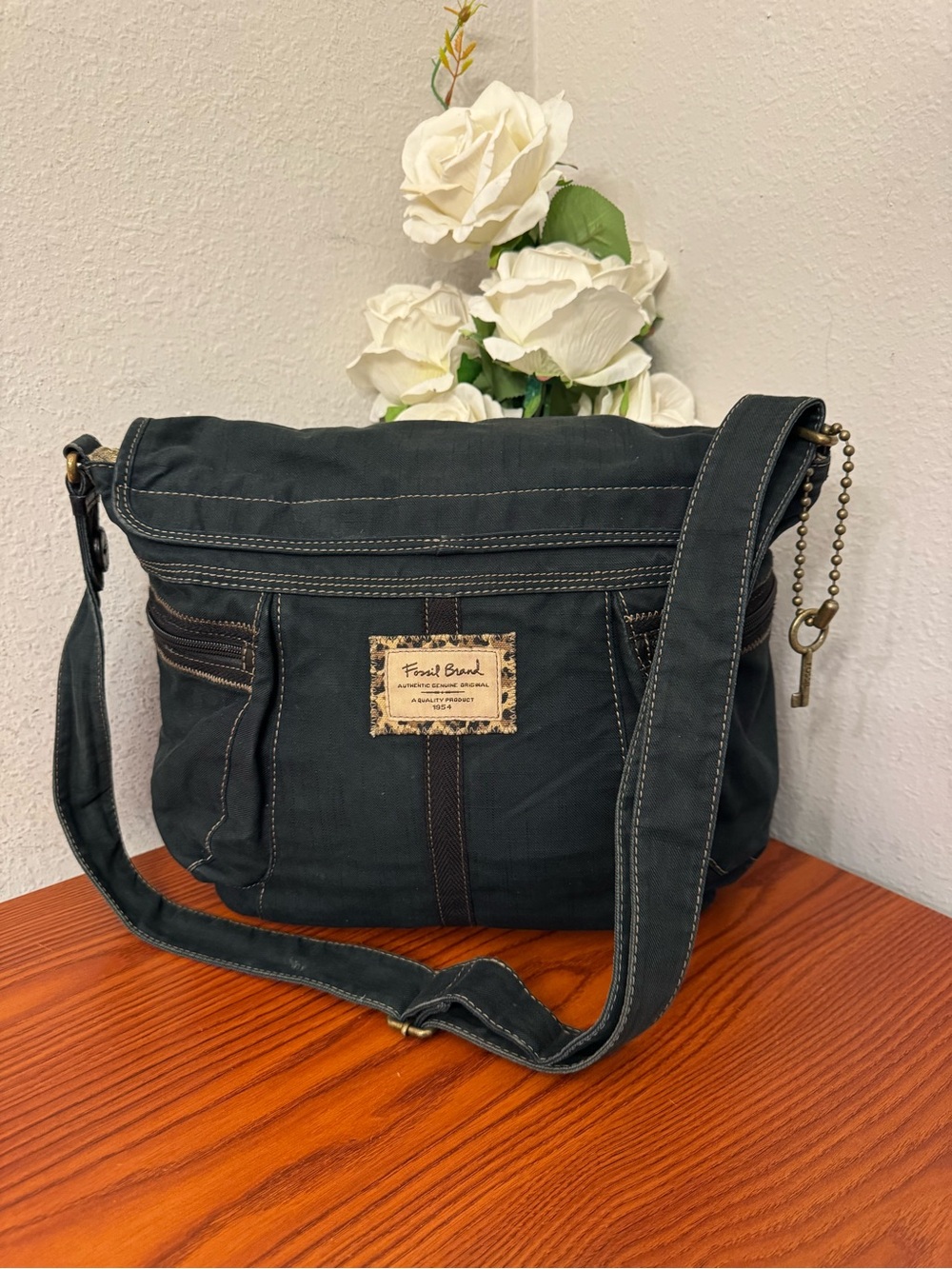 Fossil Black Canvas Crossbody with Brass Key Charm